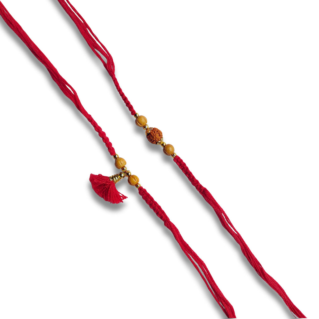 Red Tassel Bhai Bhabhi Rakhi Set with Bead Details