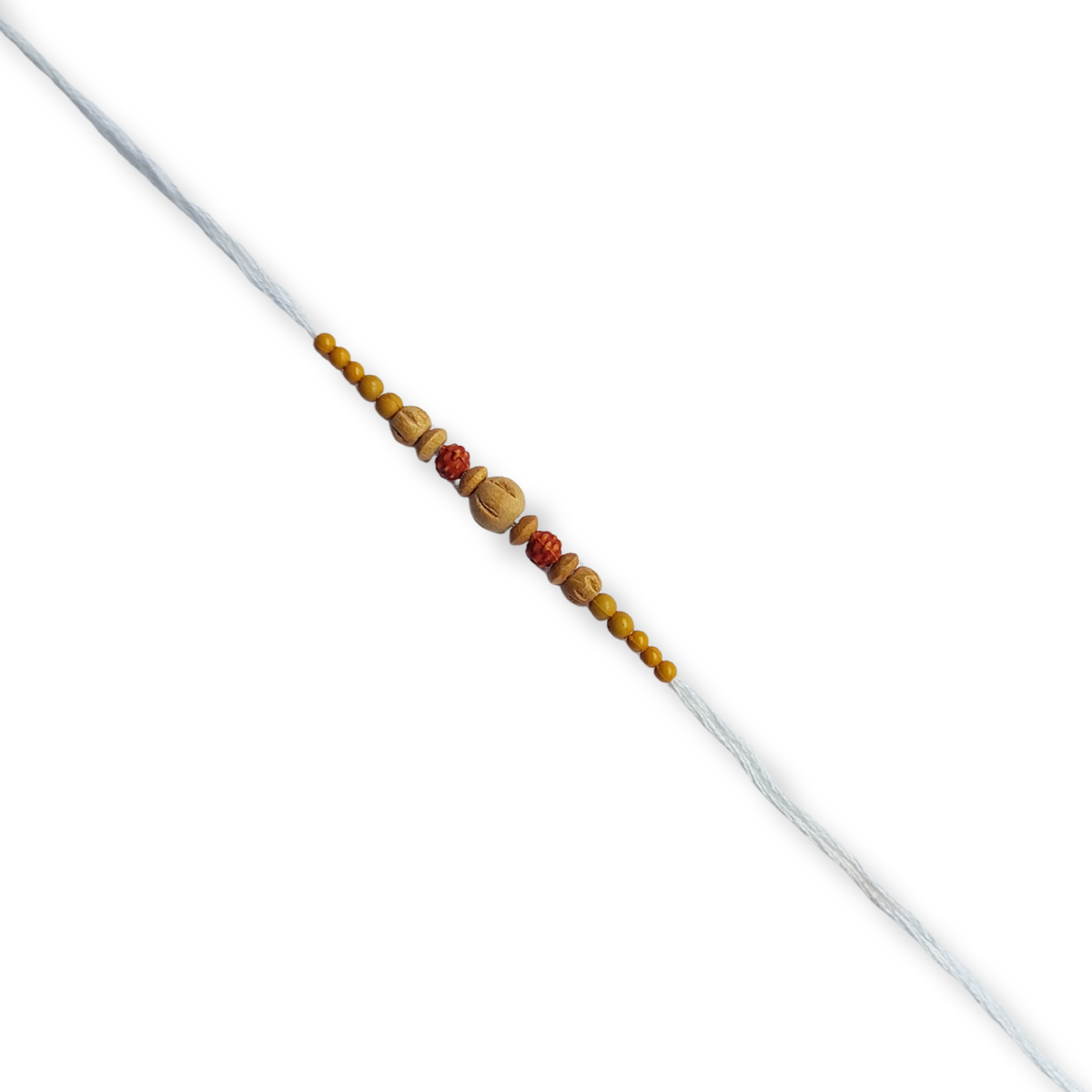 White Thread Bhai Rakhi with Red and Gold Beads