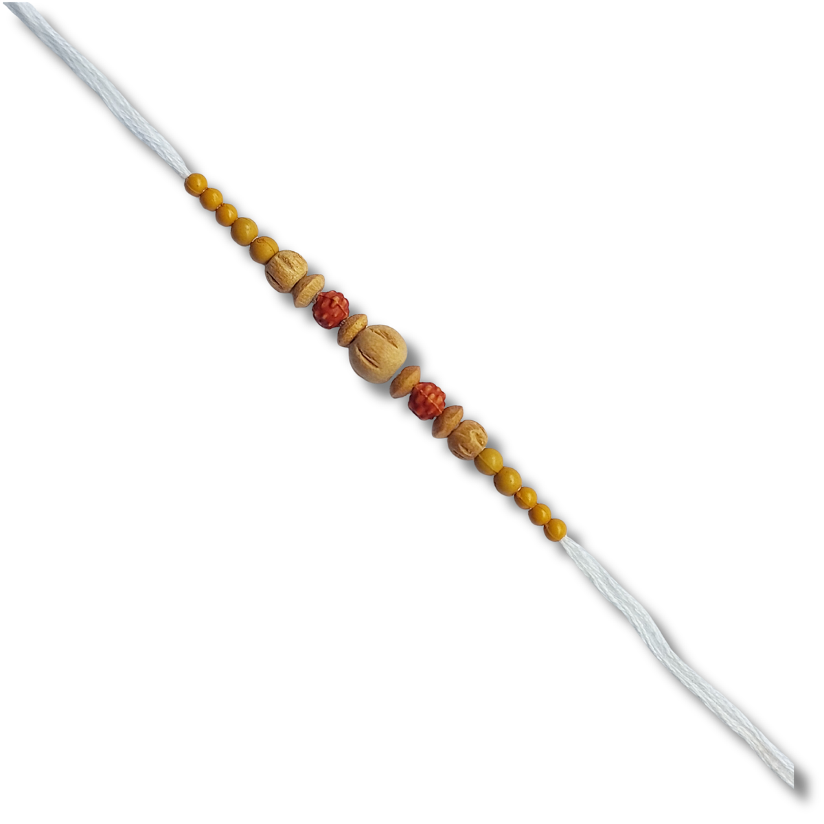 White Thread Bhai Rakhi with Red and Gold Beads