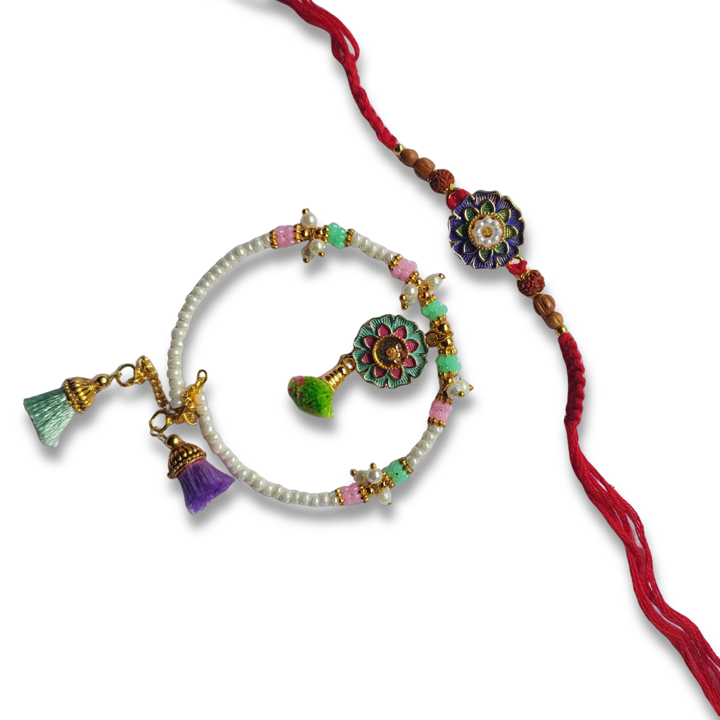 Multicolor Floral Bhai Bhabhi Rakhi Set with Pearl-Style Beads