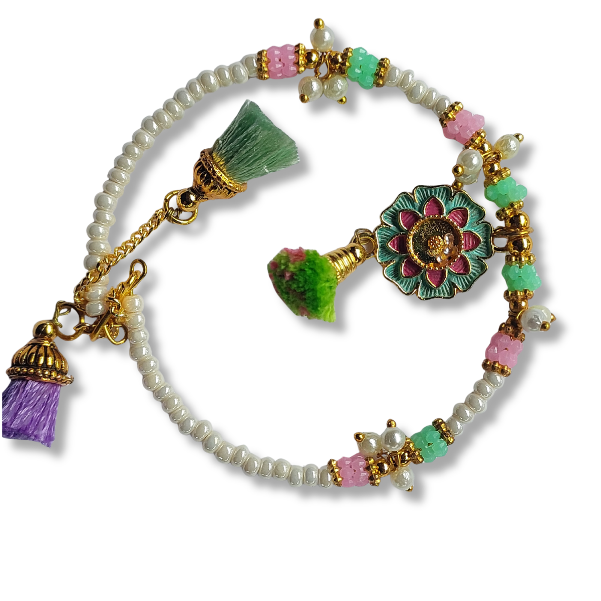 Multicolor Floral Bhai Bhabhi Rakhi Set with Pearl-Style Beads